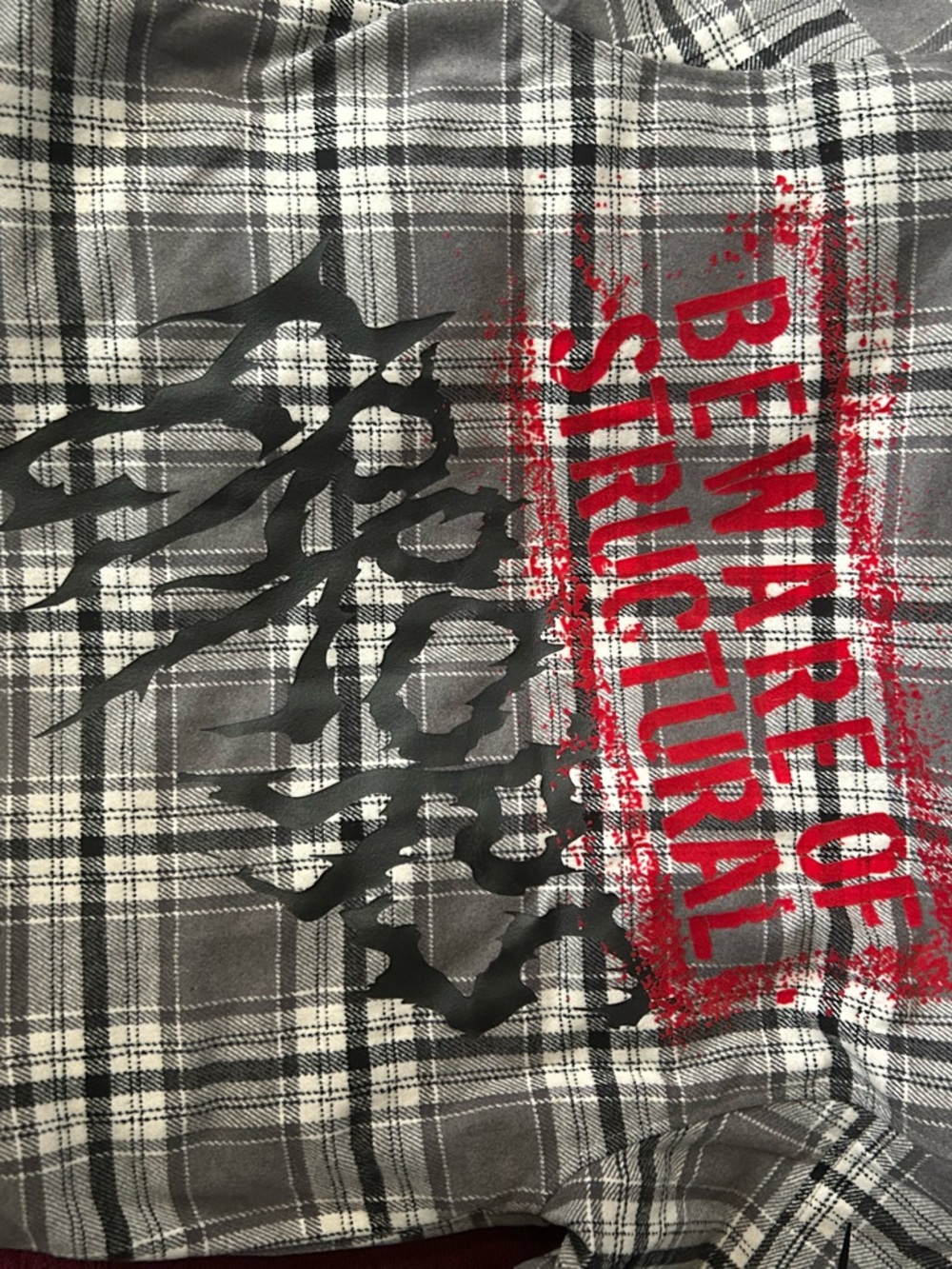 FIRST ROW-Gray Plaid Hooded Jacket with Graphic Patches NWT 🔥 - Picture 6 of 7